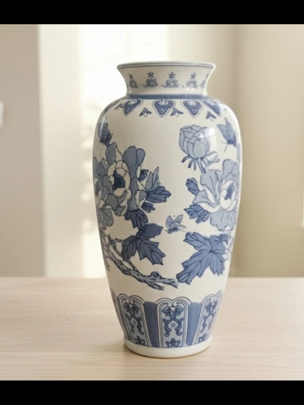 Vintage Chinese Blue White Porcelain Baluster Vase Peony Butterfly:  Style 80s